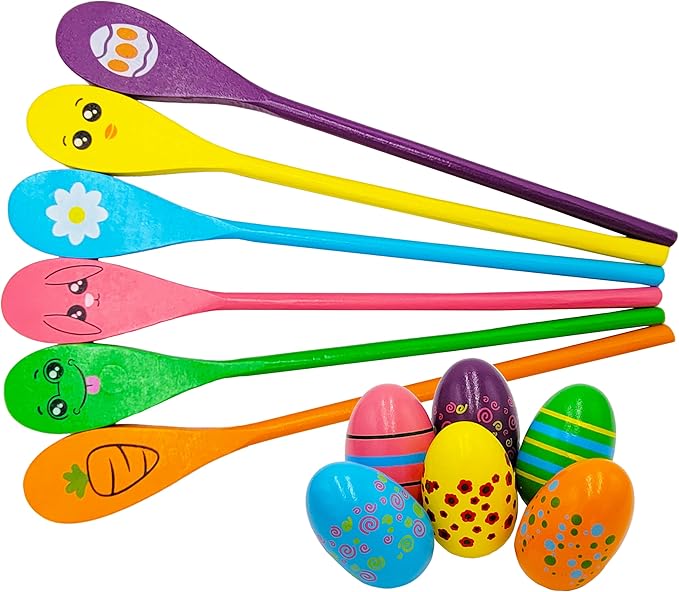 Painted Easter Egg and Spoon Race Game Set, Family Game for Kids & Family Activity Holiday Outdoor Yard Easter Egg Hunt Birthday Party Front Lawn