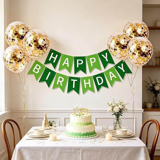 Happy Birthday Banner Sign Bunting Hanging Decorations with Shiny Gold Balloons Birthday Party Sign Decor for Party Supplies(Green)