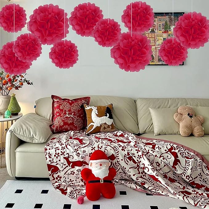20 PCS Red Tissue Paper Pom Poms, Tissue Pom Poms Flowers, Sizes of 6", 10", 12", 14" Hanging Paper Flower Ball for Wedding, Birthday, Baby Shower Party Decor