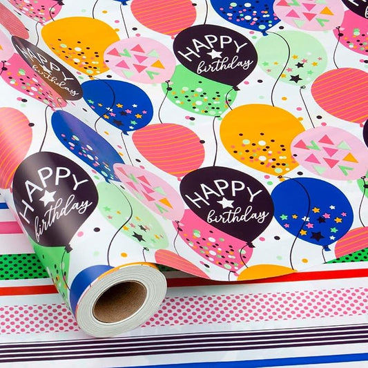 MAYPLUSS Birthday Gift Wrapping Paper Roll - 17 Inch x 16.4 Feet - Colorful Kids Style Confetti Balloons Birthday Festive Gift Wrap Paper for Boys,Girls Celebration, Holiday, Party, Baby Shower