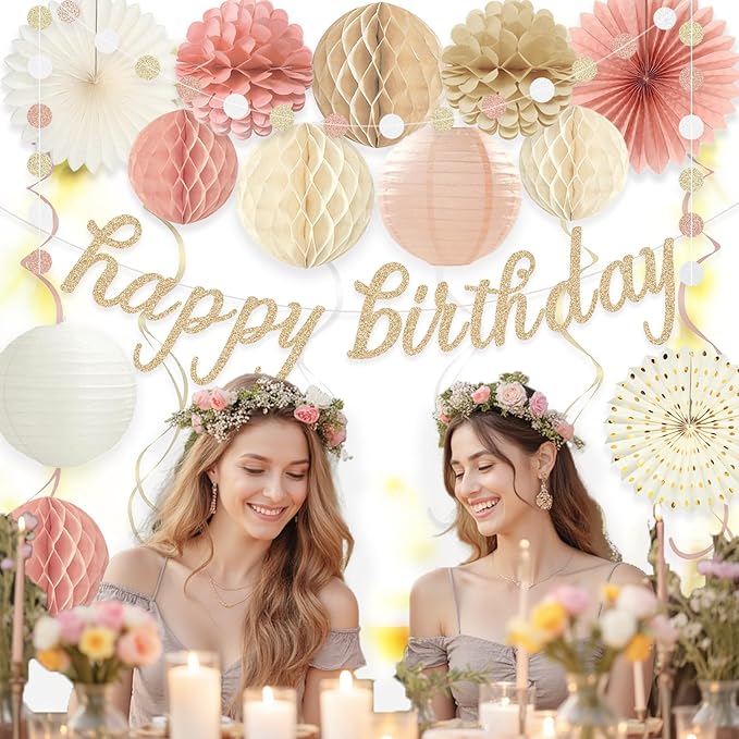 Boho Pink Happy Birthday Decorations for Women Girls, Pre-Strung Happy Birthday Banner with Honeycomb Balls, Paper Flowers, Lanterns, Fans, Hanging Swirls, Circle Dots Garland for Party 24pcs