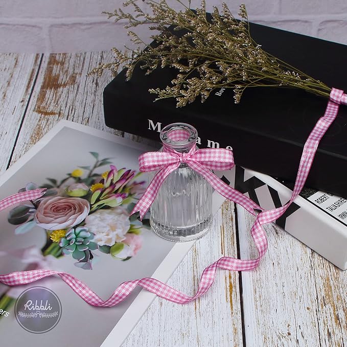 Ribbli Pink and White Gingham Ribbon,100% Polyester Woven Edge,3/8 Inch x 10 Yard,Plaid Ribbon Use for Gift Wrapping,Party Decoration