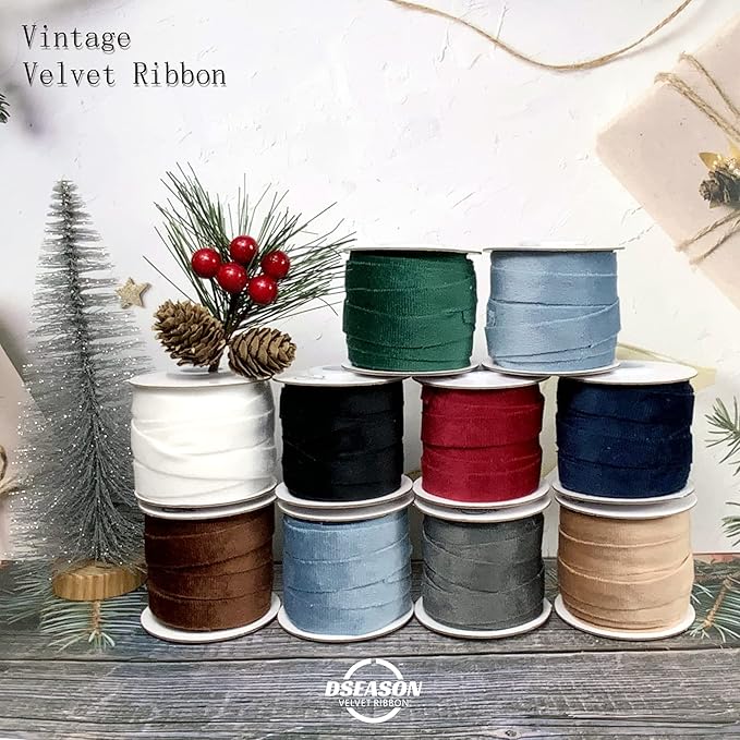 Velvet Ribbon Set 3/8" x 10 Yards, 2 Rolls 20 Yards, Dseason Handmade Christmas Red Velvet Ribbon Set for Gift Wrapping & Bow Making, Christmas Tree, Wreath Decoration, DIY Crafts Decoration