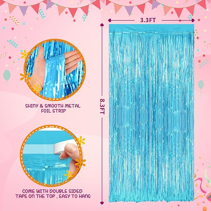 Light Blue Metallic Tinsel Foil Fringe Curtains Backdrop 2Pack 3.3x8.3Ft Blue Party Streamers for Birthday Party Decorations Halloween Christmas Decors Foil Curtain Backdrop for Bachelorette Wedding