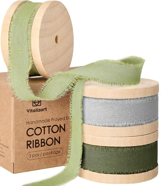 Vitalizart Green Cotton Ribbon Handmade Fringe 5/8" x 21 Yd Pure Natural Cotton Ribbons for Gift Wrapping Wedding Invites Bridal Shower Bouquets Holiday Decor