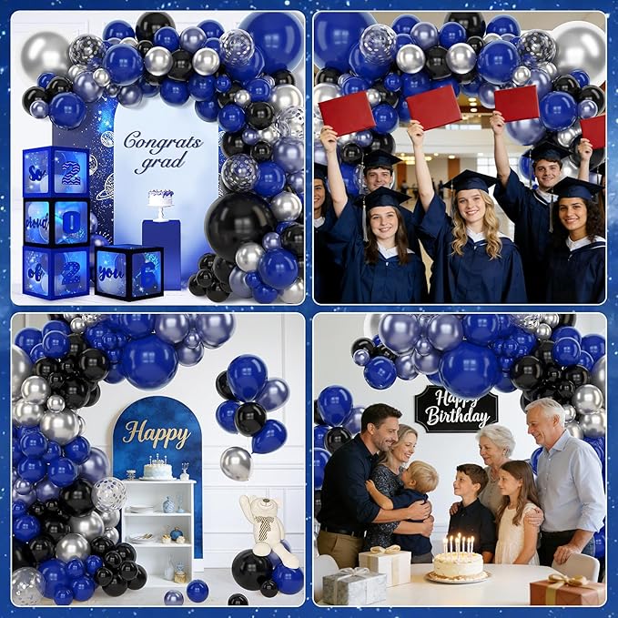 Amandir 153pcs Blue and Black Balloons Arch Garland Kit Different Sizes 18 12 10 5inch Metallic Silver Royal Dark Navy Blue Latex Confetti Graduation Balloon Birthday Space Retirement Party Supplies