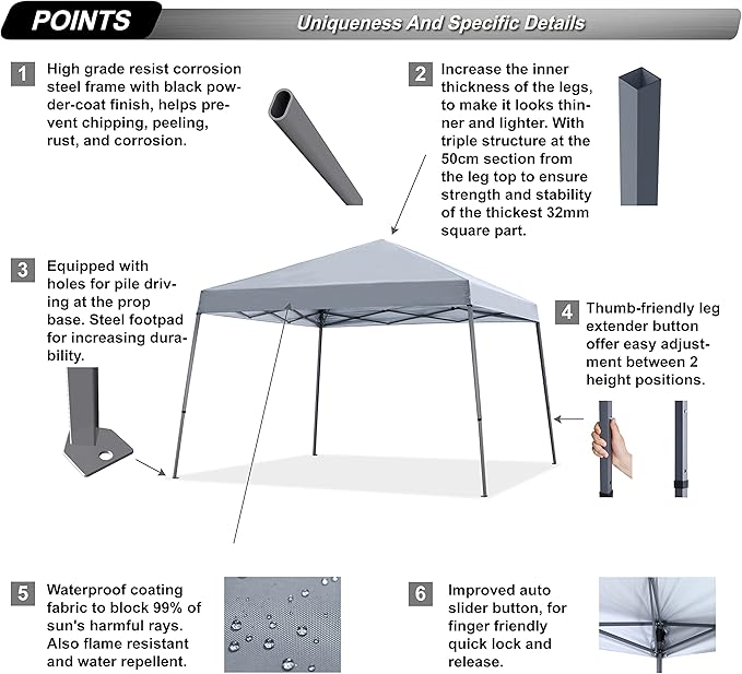 ABCCANOPY Stable Pop up Outdoor Canopy Tent 12 x 12 ft Base / 10 x 10 ft Top, Gray