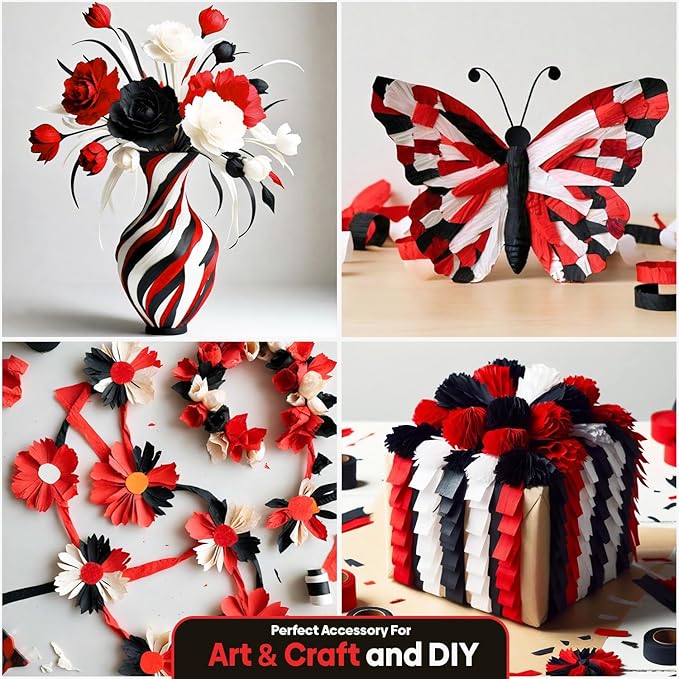 Captain Décor 8 Red Black and White Streamers, 656ft Pack of Crepe Paper for Red Black and White Party Decorations, Bridal Shower and Party Supplies & Birthday Decoration (1.8 inch x 82 ft/Roll)