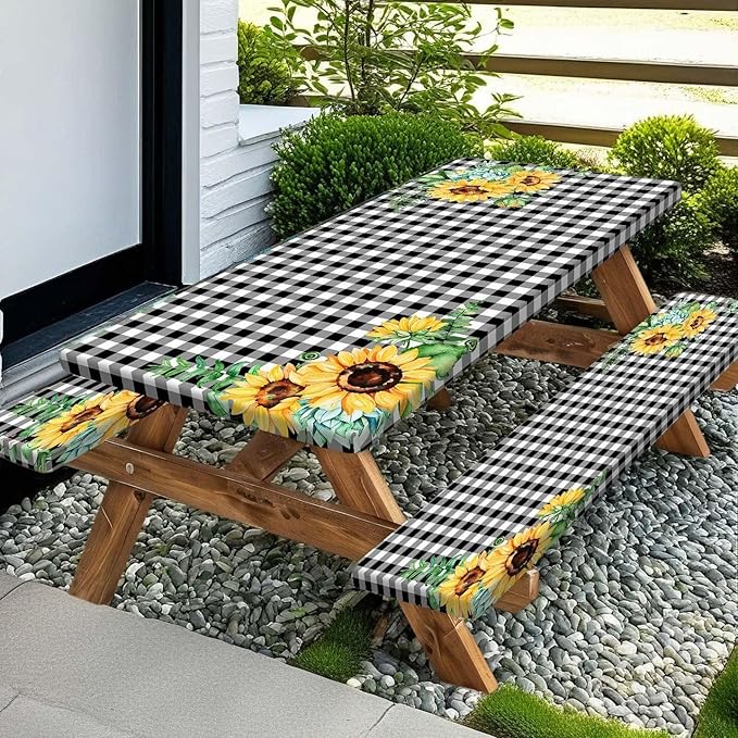 Picnic Table Cover with Bench Covers and Bag, Outdoor Waterproof Windproof Tablecloth with Elastic Edges. Camping Accessories RV Gear Campers 72x30 Inches 3 Pcs Set Black-White Checkered