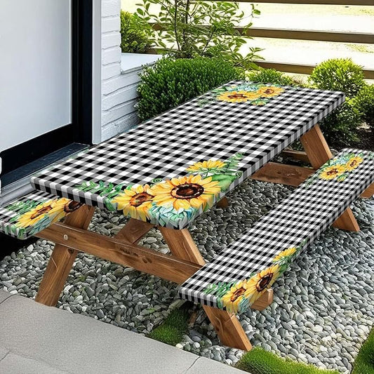 Picnic Table Cover with Bench Covers and Bag, Outdoor Waterproof Windproof Tablecloth with Elastic Edges. Camping Accessories RV Gear Campers 96x30 Inches 3 Pcs Set Black-White Checkered