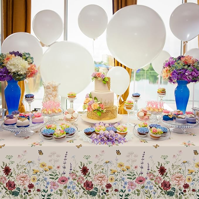 1 Pcs Spring Floral Tablecloth, Butterfly Wildflower Plastic Disposable Tablecloth Rectangle Table Covers for Easter, Birthday, Wedding, Mothers Day Tea Party Supplies and Decorations,54 x 108 Inch