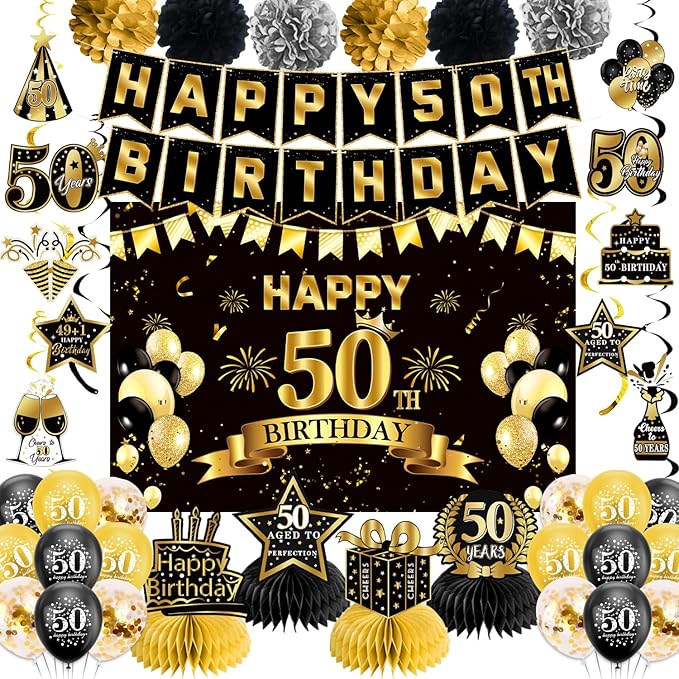 50th Birthday Decorations, Pre-Strung Happy Birthday Banner with Balloons, Backdrop, Honeycomb Centerpieces, Hanging Swirl Streamers, Black Gold Happy Birthday Party Decorations for Men Women