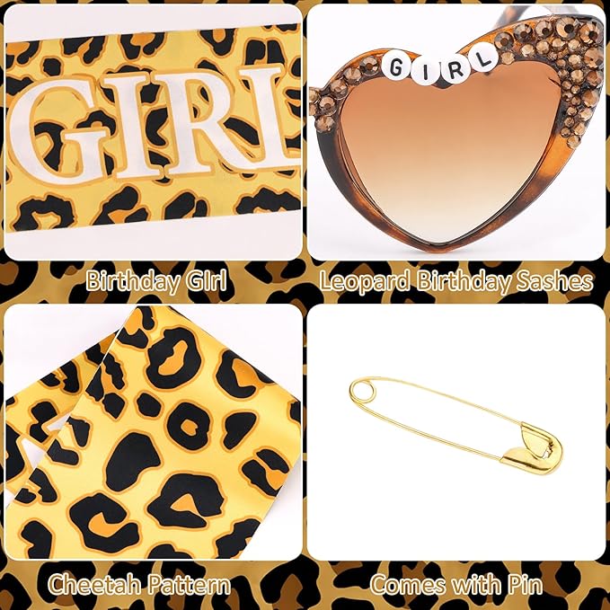 Cheetah Print Happy Birthday Decorations Set - BIRTHDAY GIRL Leopard Birthday Sash & Sunglasses, Funny Bday Decoration Accessories for Women Party Favors Supplies