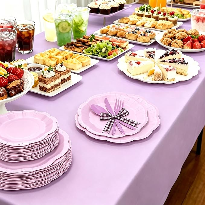 168 Pcs Lavender Party Supplies, Scalloped 9" & 7" Disposable Paper Plates with Napkins and Cutlery, Pastel Purple Tableware Set for Birthday, Baby Shower, Wedding, Mother?™s Day, Serves 24