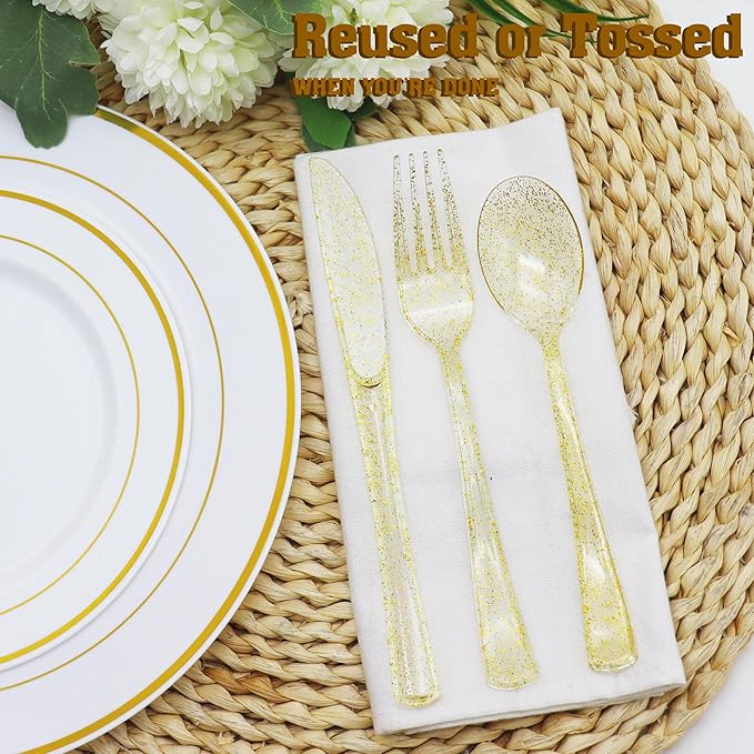150 Pack Gold Plastic Silverware, Glitter Plastic Silverware Heavy Duty -50 Gold Glitter Forks, 50 Knives, 50 Spoons for Birthday, Baby Shower, Bridal Shower, Family Gathering
