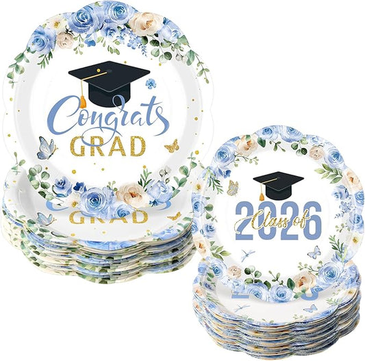 Funnymoom 60 Pcs Blue Graduation Floral Paper Plates 9" and 7" Class of 2026 and Congrats Grad Cap Disposable Party Dessert Plates for College High School Grad Party Decorations