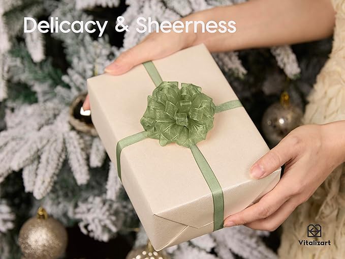 Vitalizart 3/8" x 30Yd Organza Ribbon Green Sheer Ribbons Set 10 Yd x 3 Rolls Drak Green Sage Handmade Eco-Friendly for Gift Wrapping Christmas Tree Crafts Bows Wedding Invitations Wreaths Wrap