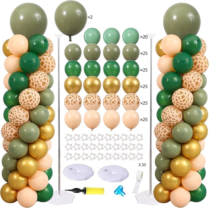 Green and Gold Balloon Column Stand Kit Set of 2, Safari Jungle Baby Shower Wild One Birthday Decorations with 145PCS Sage Green and Gold Animial Print Balloons for Woodland Animial Party Decorations