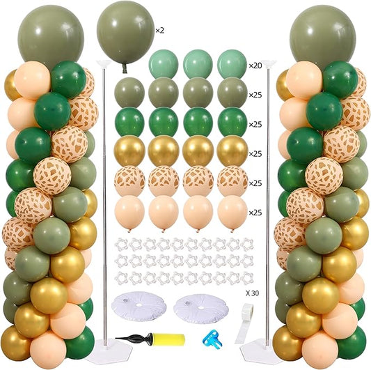 Green and Gold Balloon Column Stand Kit Set of 2, Safari Jungle Baby Shower Wild One Birthday Decorations with 145PCS Sage Green and Gold Animial Print Balloons for Woodland Animial Party Decorations