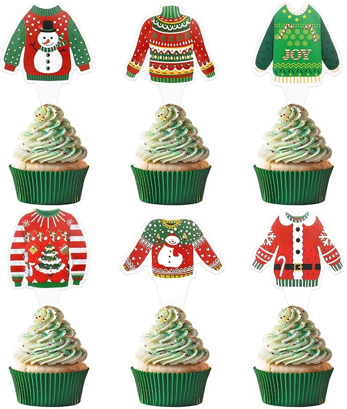 Ugly Sweater Cupcake Toppers, 36 PCS Christmas Cupcake Toppers Party Decorations, Christmas Holiday Cake Decoration Food Picks Topper for Xmas Winter Birthday Party Decorations Supplies, 6 Designs