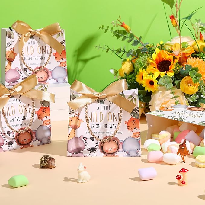 Spakon 25 Set Safari Baby Shower Party Favors Goodie Bag a Little Wild One Is on the Way Gift Jungle Animals Print Treat Bags with and Bow Ribbon Baby Shower Birthday Party Supplies