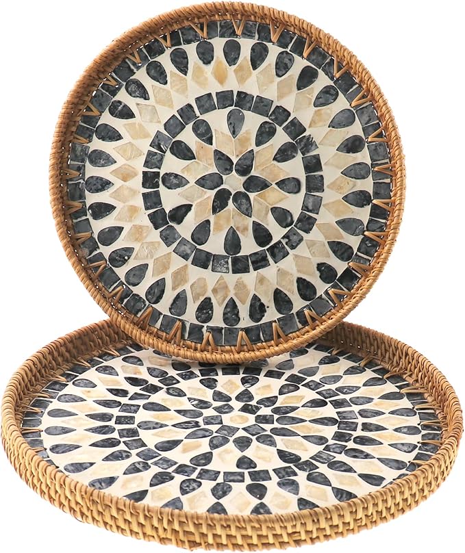 Round Rattan Tray with Mother of Pearl Inlay, Handwoven Wicker Fruit/Bread/Coffee Table Serving Basket Tray for Party Picnic Cafe Bedroom Kitchen Home Decor Set of 2 (Black Drop)