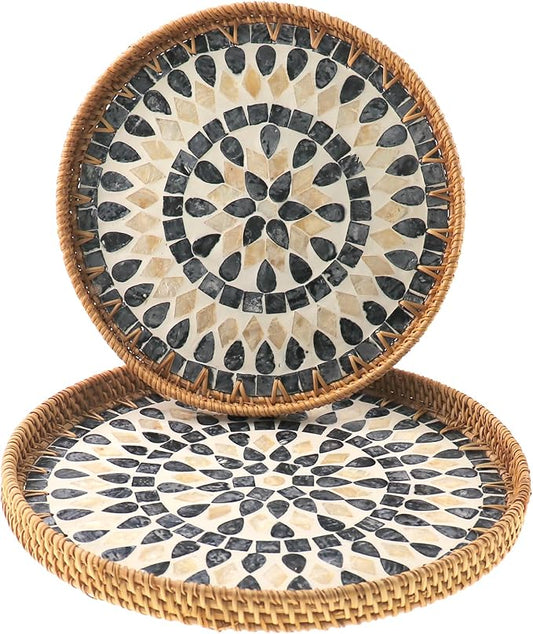 Round Rattan Tray with Mother of Pearl Inlay, Handwoven Wicker Fruit/Bread/Coffee Table Serving Basket Tray for Party Picnic Cafe Bedroom Kitchen Home Decor Set of 2 (Black Drop)