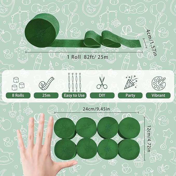 8 Rolls Crepe Paper Streamers, Hunter Green Streamers Party Decorations for Baby Shower Bridal Shower Wedding Jungle Dinosaur Themed Birthday Christmas Decorations