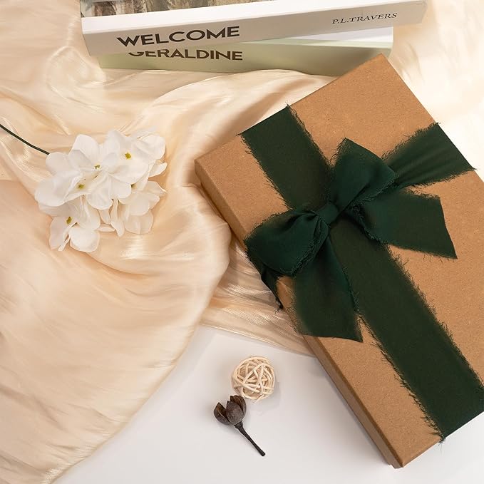 Chiffon Ribbon, Green Christmas Silk Ribbons, Christmas Party Decoration, 1.5''x21Yd Handmade Frayed Fringe Ribbon for Gift Wrapping, Floral Vase, Craft, New Years, Birthday, 3 Rolls