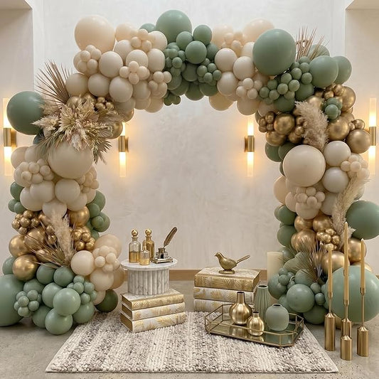 Sage Green Balloons Garland Arch Kit - 5 10 12 18 inch Different Size Sage Green White Sand Gold Balloons for Wedding Bridal Shower Birthday Anniversary Bachelorette Theme Party Decorations