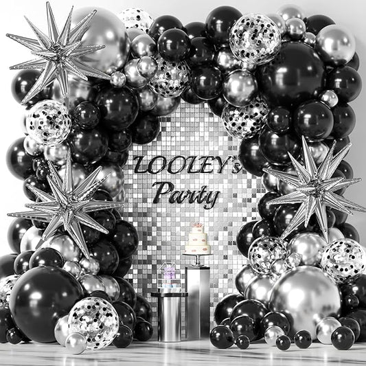 137Pcs Black and Silver Balloons Garland Arch Kit with Stars - 5 10 12 18 inch Black Silver Confetti Latex Party Balloons for 2025 Graduation Retirement Birthday Anniversary