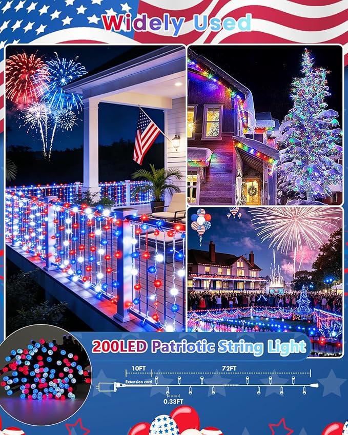 2Pack 400LED Smart 4th of July String Lights | 164FT App Controlled Red White and Blue Lights, Waterproof Patriotic RGB Color Changing String Lights with Remote & Timer Indoor Outdoor for Memory Day