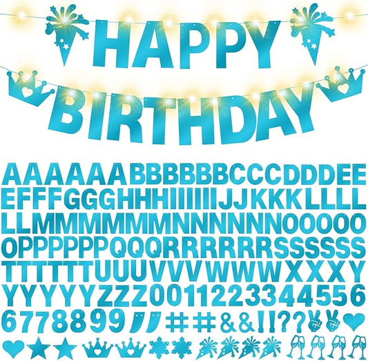 175Pcs Glitter Customizable Banner Kit DIY Custom Letter Banners DIY Boy Happy Birthday Letters 0-9 Numbers Anniversary Personalized Banner Wedding Birthday Party Decoration Supplies(Shiny Light Blue)
