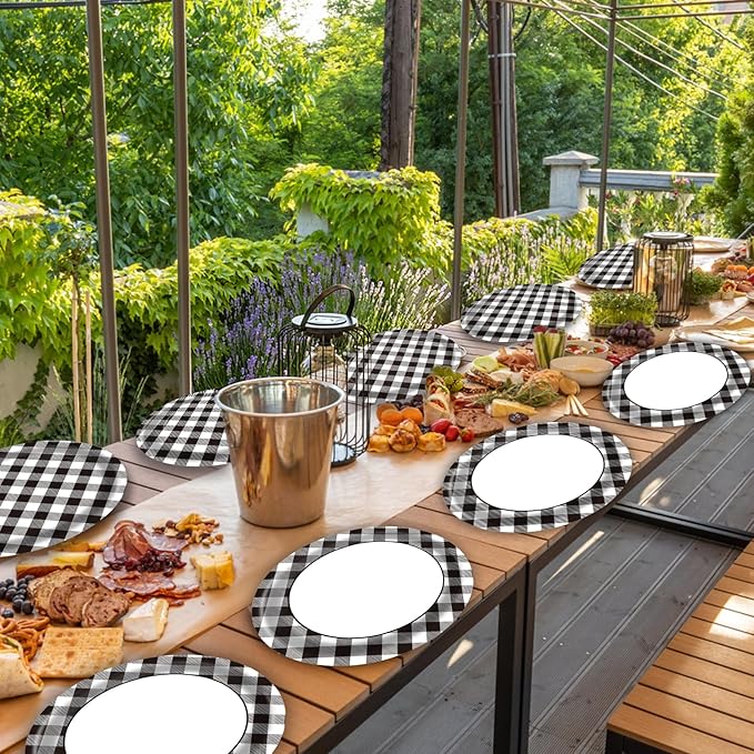 Race Car Gingham Oval Paper Plates 10’’x 12’’, Large Disposable Heavy Duty Black and White Gingham Plaid Paper Plates for Birthday Wedding Baby Shower Tea Party Supplies, 50 Guest