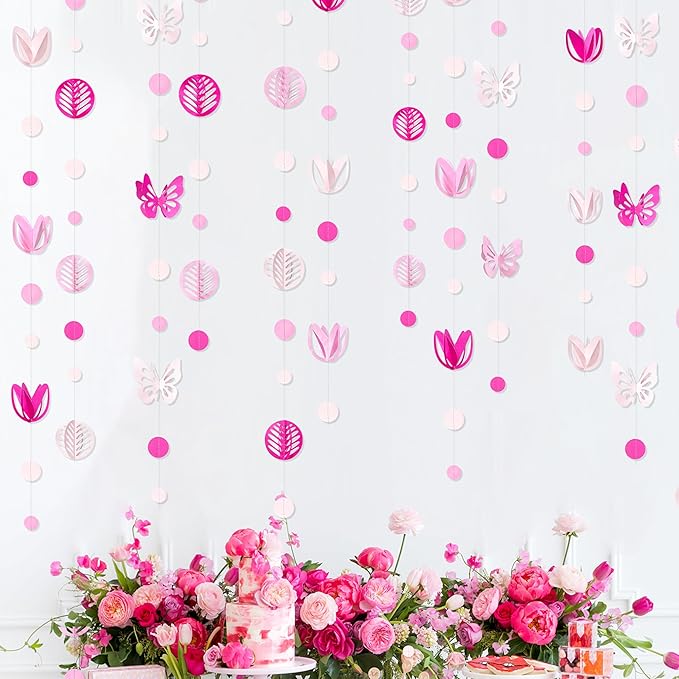 Spring Party Decorations Hot Pink White 3D Butterfly Tulip Flower Leaf Circle Dot Garland Hanging Paper Streamer for Pink Spring Summer Wedding Engagement Bridal Shower Birthday Tea Party Supplies