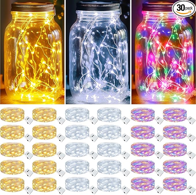 kolpop 30 Pack LED Fairy Lights Battery Operated, 7FT 20 LED Mini Twinkle String Lights Battery Powered Waterproof for Christmas Mason Jars Party (Cool&Warm&Multicolor)