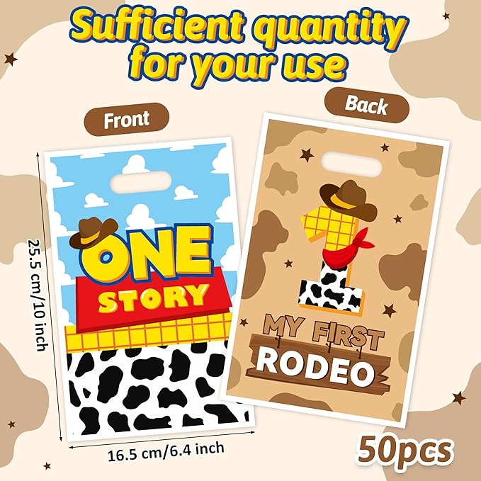Andi Cppss Boy Story Party Favor Bags - 50PCS My First Rodeo Party Favor Bags 1st Rodeo Birthday Gift Bag Decorations One Story Cowboy Goodie Bag with Handles for Birthday Baby Shower Party Supply