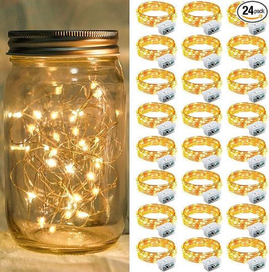 24 Pack Yellow Fairy Lights 7Ft 20 LED Twinkle String Lights 3 Modes Battery Operated Waterproof Firefly Starry for Mason Jar Easter Thanksgiving Christmas Halloween Day Table Centerpieces