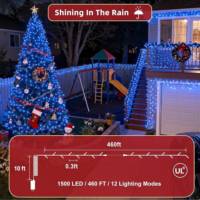 470FT Christmas Lights Outdoor, 1500 LED Christmas Tree Decoration Lights with 12 Modes & Timer Memory, Dimmable Plug in Waterproof LED Xmas Light for Yard Trees Wedding Party Holiday Blue