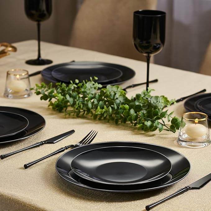 PLASTICPRO 128 Piece Combo Plates Set - 64-7" & 64-10" Black Plates with Silver Rim - Premium Heavyweight, Disposable
