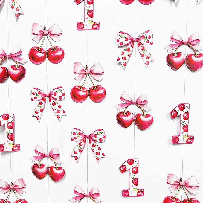 Cherry 1st Birthday Decorations Sweet Floral Cherries Pink Bow Hanging Streamer Garland Banner for Happy First Birthday Baby One Year Bday 1st Wedding Anniversary Party Decorations Supplies
