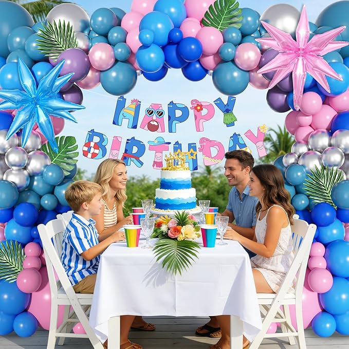 Ouddy Life 160Pcs Pink and Blue Balloons Arch Kit Purple Metallic Silver Star Foil Balloon Happy Birthday Banner Palm Leaves for Birthday Hawaii Tropical Summer Baby Shower Cartoon Party Decorations
