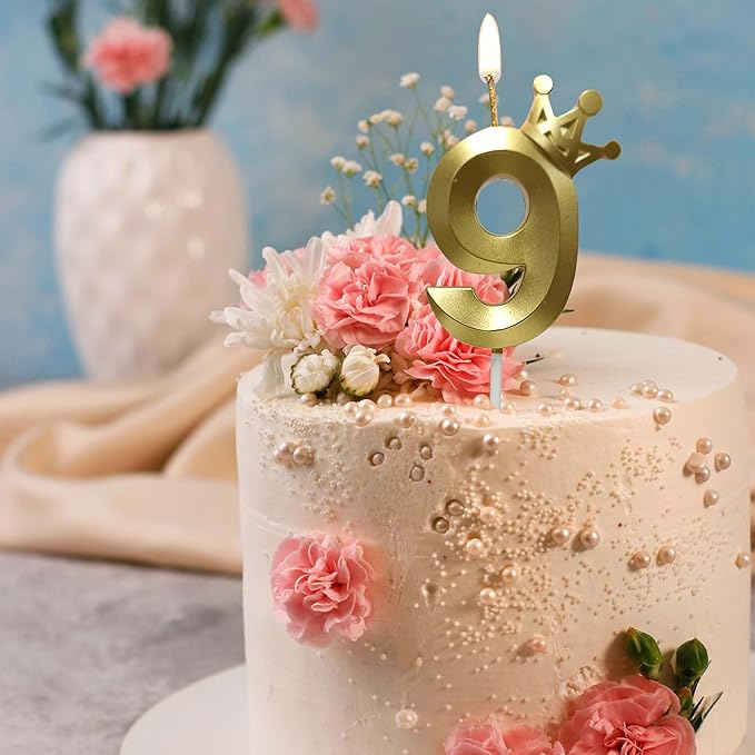 The Number 9 Gold Birthday Candles for Cake is Beautiful Number Candles for 9th Birthday Decorations for Boys and Girls (Gold-9, Crown)