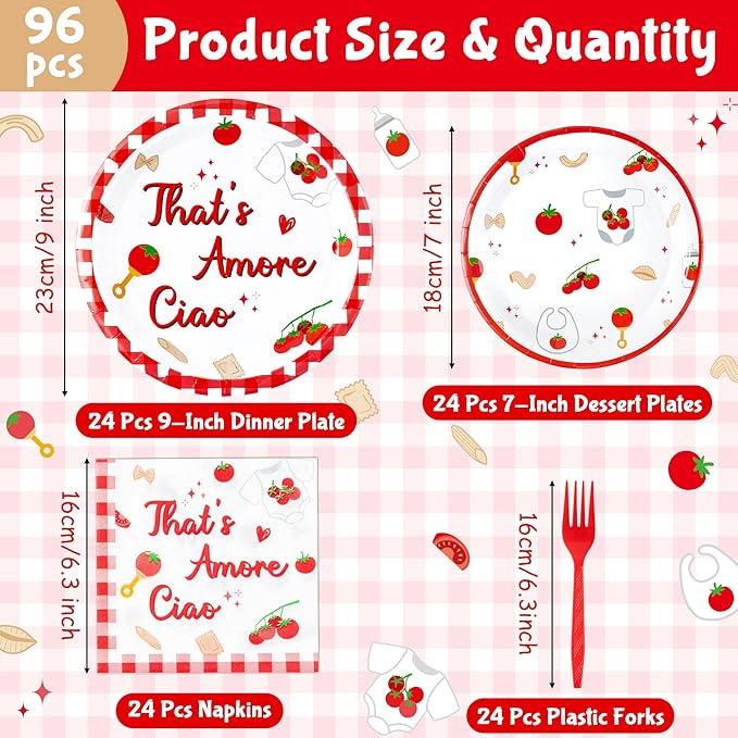 Haooryx Baby Pasta Noodle Party Tableware - 96 Pcs Red Tomato Italian Noodle Baby Print Decor Disposable Paper Plates Napkins Plastic Forks for Baby Shower Boys Girls Birthday Party Table Decor Supply
