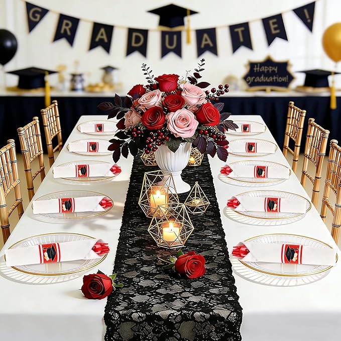 30 Pack Pre Rolled Red Plastic Silverware Set,Wrapped Plastic Cutlery Set with Napkin Include 30 Forks,30 Spoons,30 Knives and 30 White Napkins for Graduation Party