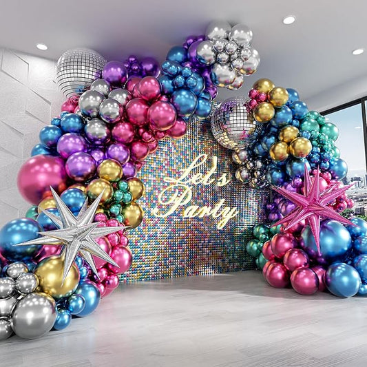FOTIOMRG 135pcs Disco Balloon Arch Kit with Disco Ball Balloons Silver Blue Green Purple Hot Pink Gold Metallic Balloons, Star Disco Foil Balloons for Birthday 70S 80S 90S Disco Party Decoration