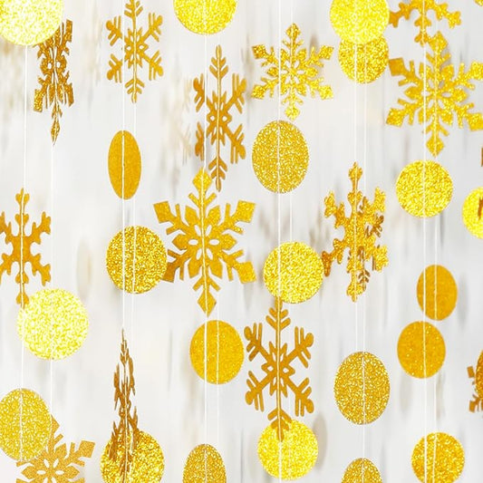 Snowflake-Snow Gold Christmas Party-Decoration Garland - 52Ft Winter Wonderland Frozen Hanging Paper Streamers,Birthday New Year Supplies Decor Lasting Surprise