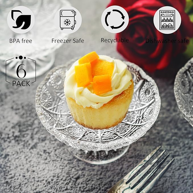 kanpura Set of 6 Glass Cake Plate Dessert Stand,Crystal Cupcake Plate Server for Chocolate, Dessert, Fruit Clear Small Cake Stand for Christmas, Birthday, Baby Shower Party