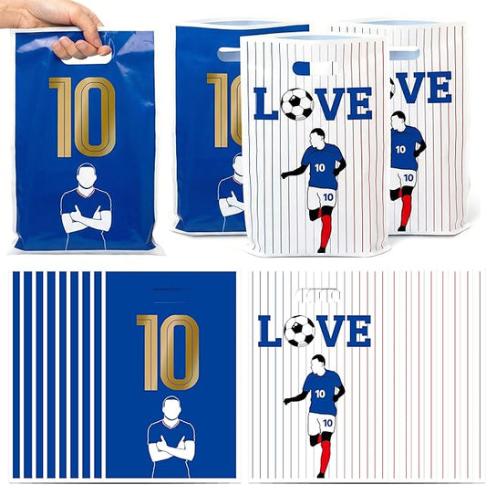 Andi Cppss Soccer Theme Party Favor Bags - 50PCS Blue and White Soccer Plastic Gift Bags Party Decorations Football Goodie Bag Treat Candy Bag with Handles for Birthday Game Celebration Supplies