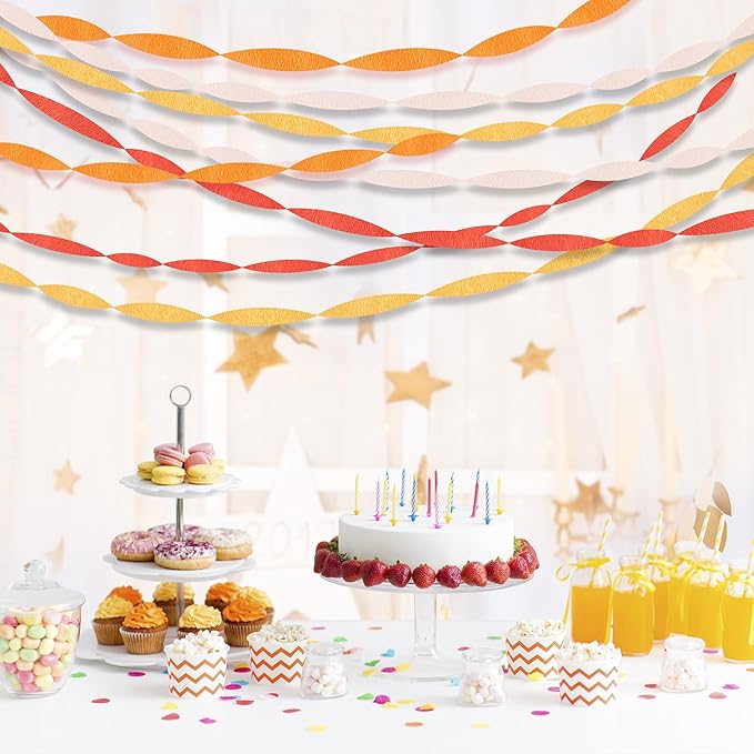 Orange Streamers Kit, 8 Rolls 656 Ft Party Streamers, Red Orange Yellow Pink Crepe Paper Streamers for Thanksgiving Birthday Anniversary Fire Color Decorations Fall Decoration Supplies
